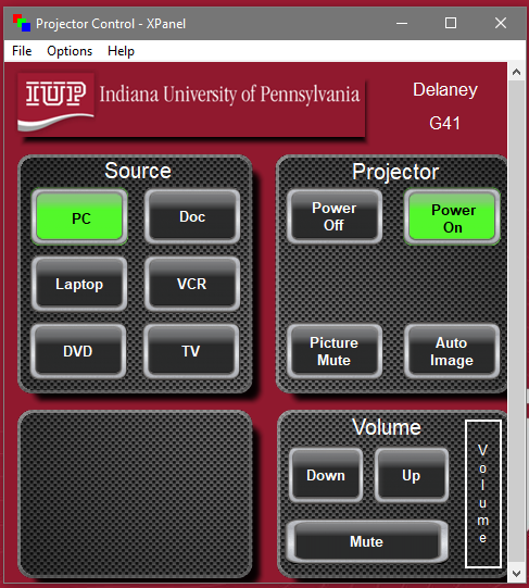 Screenshot of Projector Control showing the PC selected
