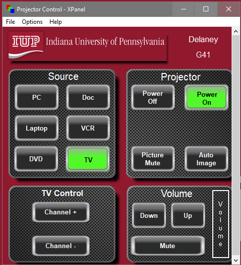 Projector Control software screenshot showing the TV button