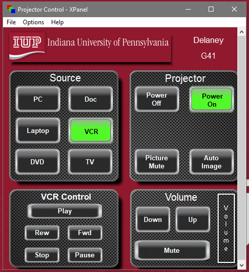 Projector Control Software screenshot of the VCR button to play VHS tapes