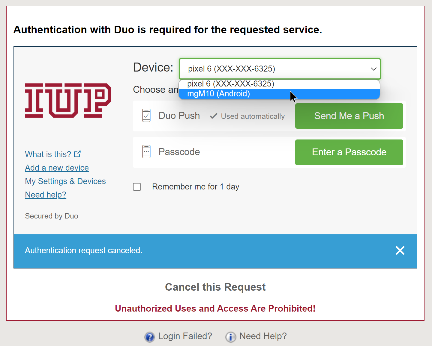Use the Device: dropdown to select the device used for authentication