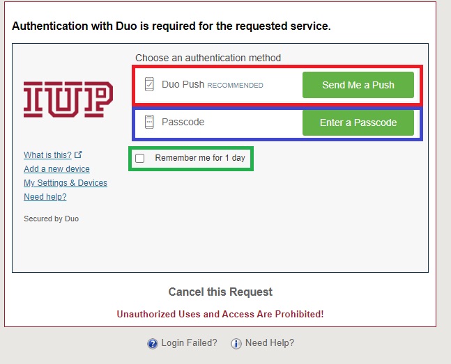Screenshot of the Duo prompt with options highlighted