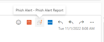 Screenshot showing the Phish Alert Button in the top right of an email message