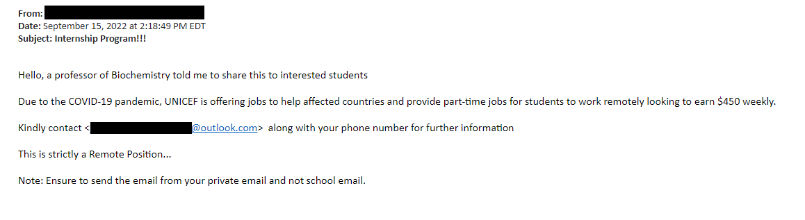 Screenshot of a phishing message regarding an internship