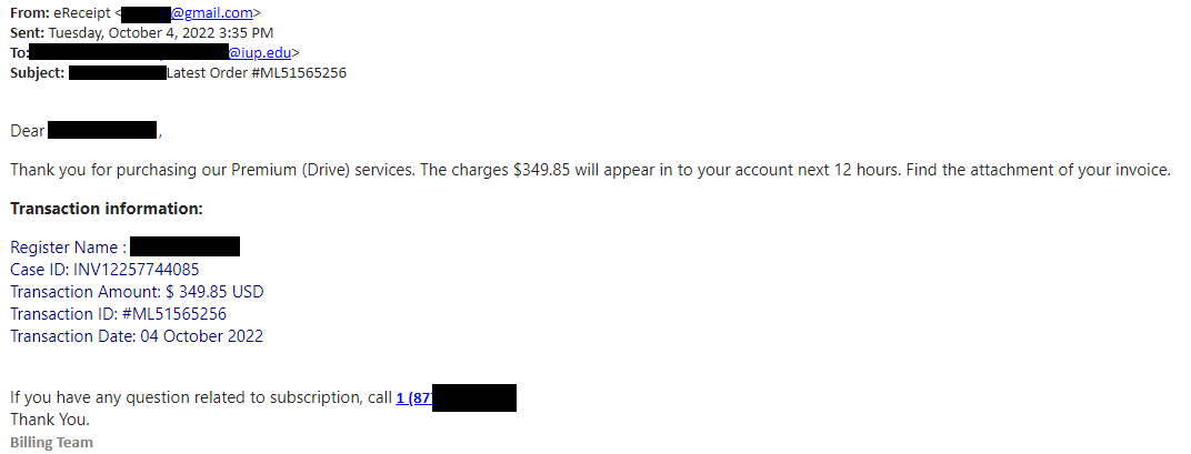 Screenshot showing a phishing message with a fake invoice 
