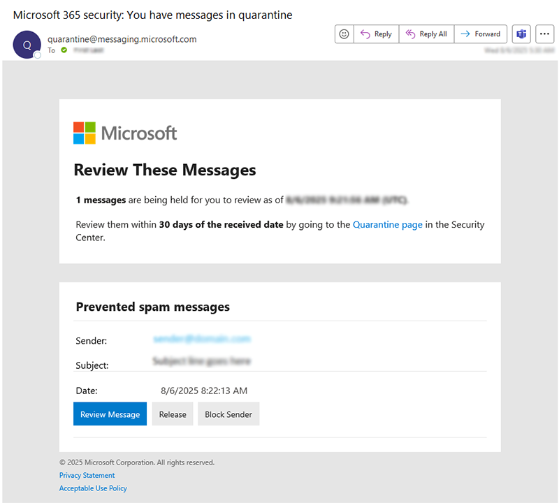 Example quarantine email message digest