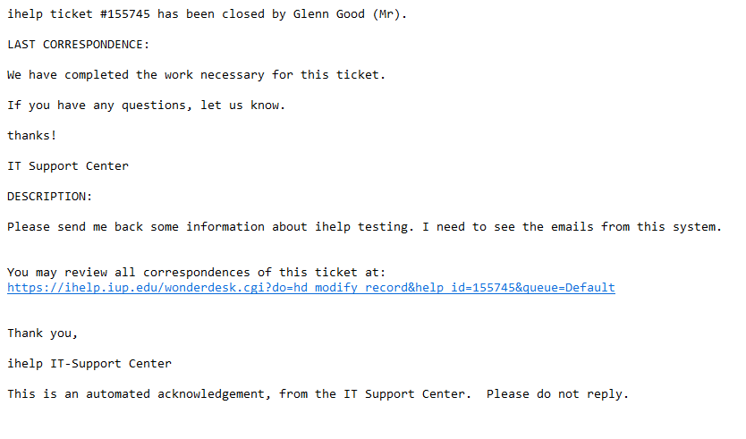 E-mail that a ticket has been closed