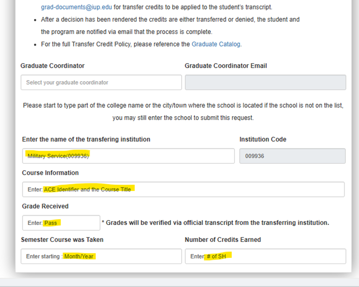 sample form showing the information fields