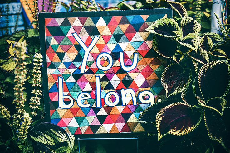 A colorful patterned sign saying "You Belong" in white text, surrounded by plants.