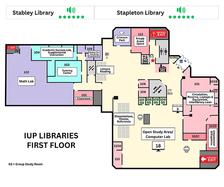 This image depicts the first-floor level of IUP Libraries. Located on the first floor Stabley Library: Library Classroom, room 101 The Math Lab, room 102 The Tutoring Center, room 103 The Student Success Lab, room 104 The Center for Teaching Excellence, room 105 The following are located on the first floor of Stapleton Library: • Library Collection including: o Dissertations and Theses o Reference Collection and Atlases o Schafer Leisure Reading Collection. • The IUP Information Desk • The Circulation Desk • The STEAMSHOP@Stapleton, rooms 102C&D • Group Study Rooms 104, 105, 106, and 107. • Stapleton 100 Main Black and White Printer • Stapleton 100 Main Color Printer • Stapleton 100 Secondary Black and White Printer, and an Overhead Scanner • Stapleton Library offices, rooms 103 to 110. • The Crimson Perk Café, room 112.
