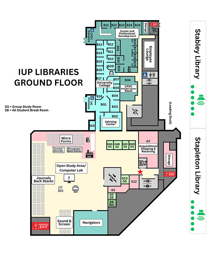 This image depicts the ground-floor level of IUP Libraries.  Located on the ground floor of Stabley library:  • The University College, rooms B01 to B19, including the Advising Center in room B02. • The Career and Professional Development Center rooms B20 to B34, including the CPDC Multipurpose room in B34. • The Employee Lounge. The following are located on the ground floor of Stapleton Library: • Library Collection including: o Magazines, Newspapers, Journals, and Microforms o Musical Scores, Vinyl Records, and Reel-to-Reel Tapes. • The Library Help Desk. • The Navigators in room G1. • The All-Student Break Room G4. • Group Study Rooms G3, G6A, G6B, G6C, G6D, and G13. • Stapleton Ground Black and White Printer and an Overhead Scanner. • Stapleton Library offices, rooms G7 to G13.