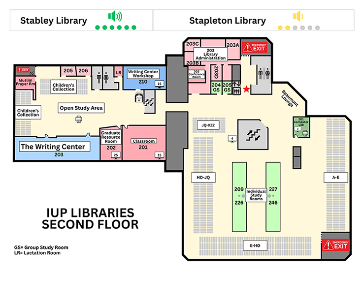 This image depicts the second-floor level of IUP Libraries. Located on the second floor of Stabley Library: • The Children’s Collection. • Stabley 200 Black and White Printer • Library Classroom, 201. • Graduate Resource Room, 202. • The Kathleen Jones White Writing Center, room 203. • The Muslim Prayer, Room 204. • Stabley Library Offices, rooms 205 and 206. • The Lactation Room, 209. • Writing Center Workshop. room 210. Located on the second floor of Stapleton Library: • Library Collection A through K • The Dual-Monitor Lab, room 201 • The Library Administration Suite, rooms 203A through E • Group Study Rooms 204 and 205. • Individual Study Rooms.