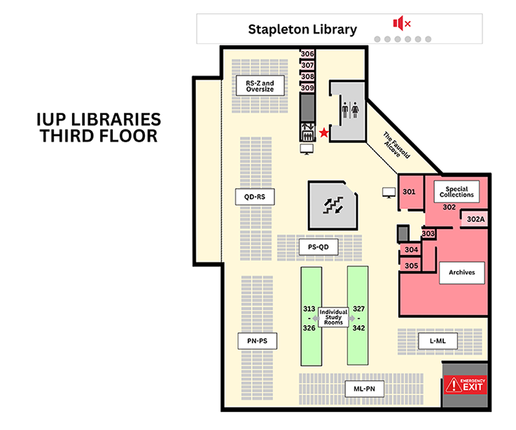 This image depicts the third-floor level of Stapleton Library: • Library Collection L through Z and Oversized books. • Special Collections and University Archives. • Library Office, room 303. • Individual Study Rooms.