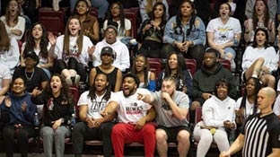 Fans seated in the bleachers at a basketball game react excitedly to action on the court