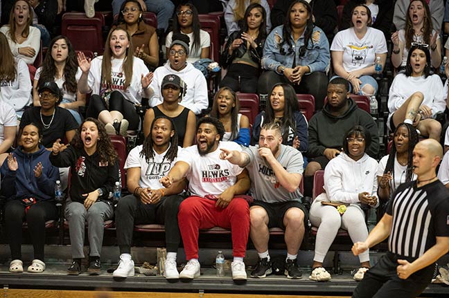 Fans seated in the bleachers at a basketball game react excitedly to action on the court