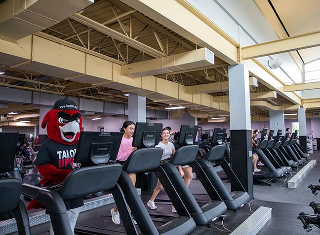 Students alongside Norm, the IUP mascot, all running on treadmills in the HUB Fitness Center 