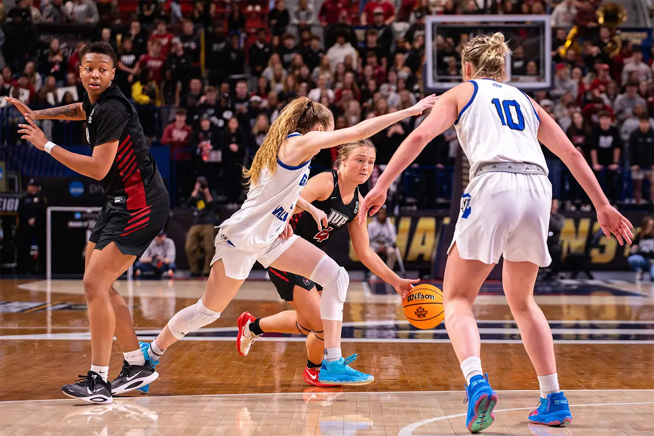 Nyshae’ Weaver and Marin Miller (with the ball) during the national final against Grand Valley State