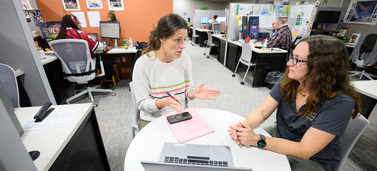 IUP navigators Emily Briggs and Yvonne Branan in Stapleton Library