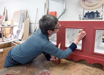 A Harrington at work on “Hope” Chest, a sculptural piece that references 18th-century Pennsylvania German wedding chests BA Harrington