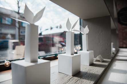 Before the holidays, the Department of Art and Design opened a pop-up store in downtown Indiana that featured laser-cut paper art designed by students. The effort raised $1,555 for IUP’s Student Assistance Fund. (Brian Henry) paper art