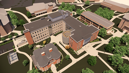 Detail of an artist’s rendering (also on page 12) of Kopchick Hall from above the Oak Grove, facing southeast. Wilson Hall is at bottom left and McElhaney at top right. Digital rendering of Kopchick Hall