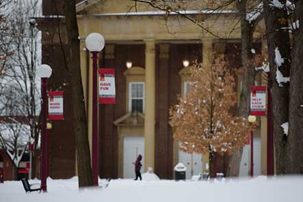 The Oak Grove, with Fisher Auditorium in the background, after a December snow (Brian Henry) Oak Grove in the snow