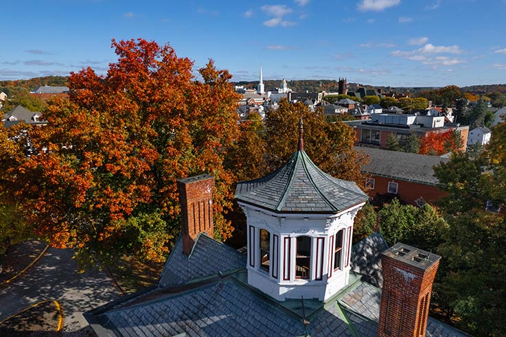 A drone's-eye view of the Breezedale cupola seeming to point at the Indiana scenery to the northeast