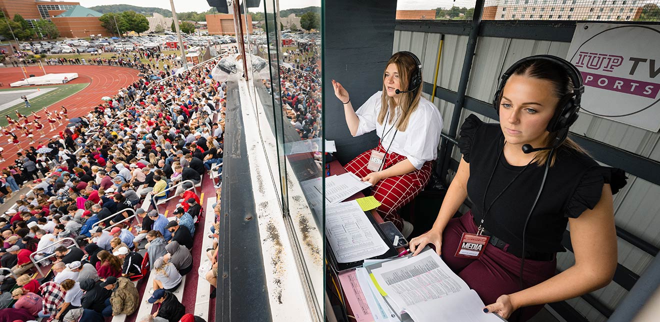 Emily Marines and Riley Yonchiuk in the broadcast booth