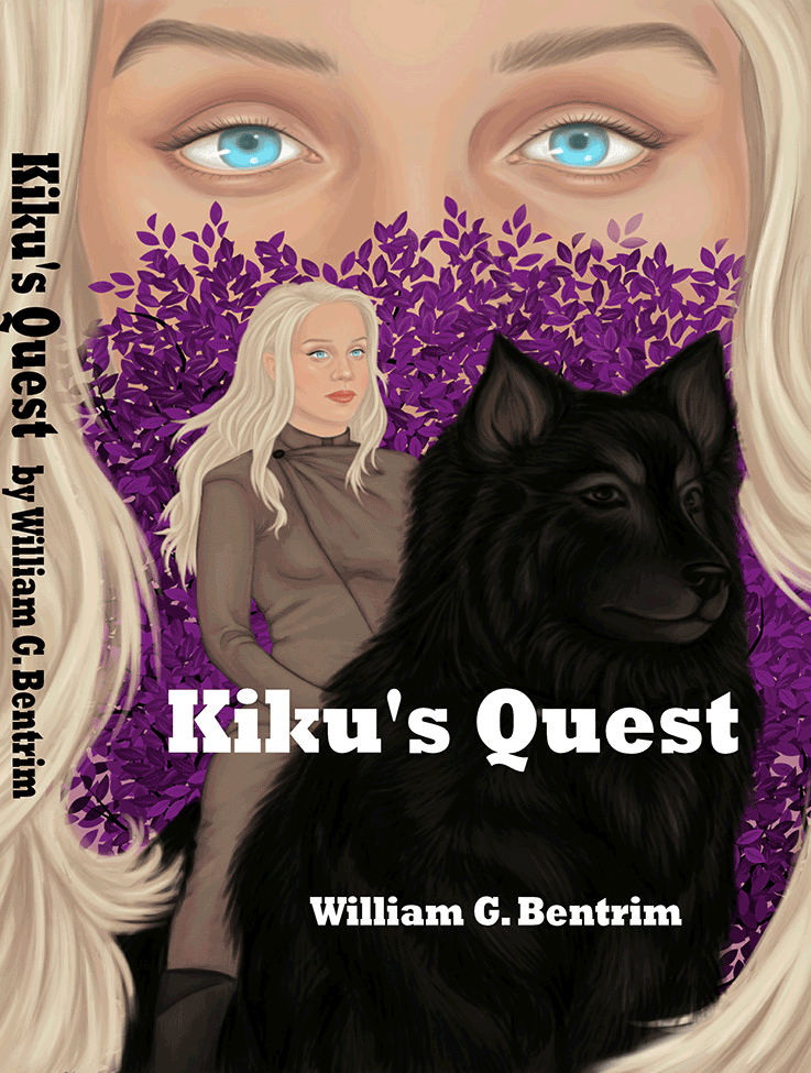 Book cover art shows a woman with long blonde hair riding a dark wolf. Behind them are purple flowers and behind the flowers is a closeup of the woman’s face, covered from the nose down with the rest of the art. “Kiku’s Quest by William G. Bentrim” is printed in white letters.