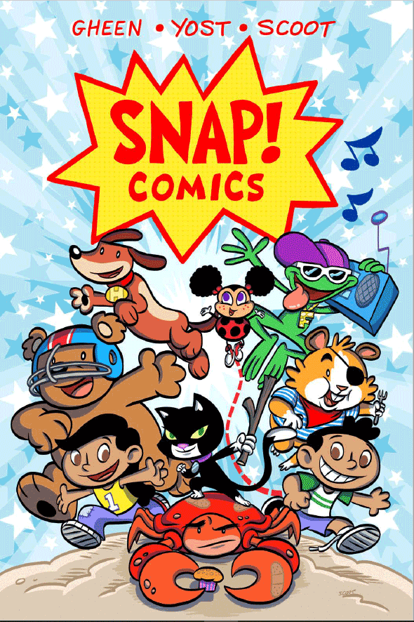 Book cover art shows cartoon characters including a crab holding a muffin, a cat holding a stick, two human children, a bear with a helmet, a dog with a gold “H” on its collar, a ladybug with pigtails, a frog holding a boom box, and a rodent with an eye patch and a fork under the title, “Snap Comics,” by Gheen, Yost, and Scoot.