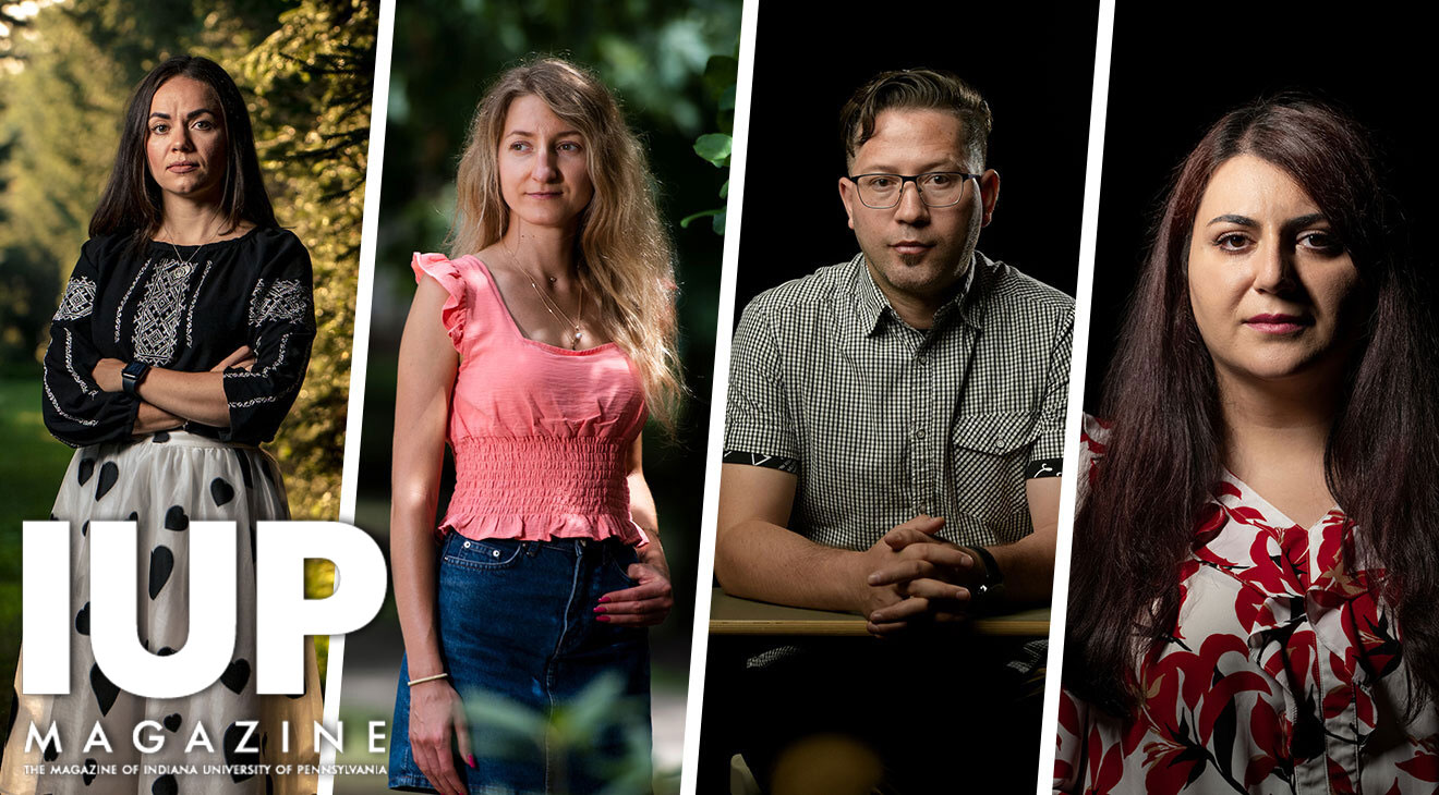 a four panel portrait collage of students including a dark-haired woman standing in the shade of trees with her arms crossed, a woman with long, blonde hair in a peach-colored shirt and a jean skirt, looking off to her right, a man with short, dark hair and glasses, wearing a black and white checkered shirt and tan pants, sitting on a chair with a built-in desk, and a woman with long, dark hair, wearing a white blouse with large, red flowers and looking into the camera