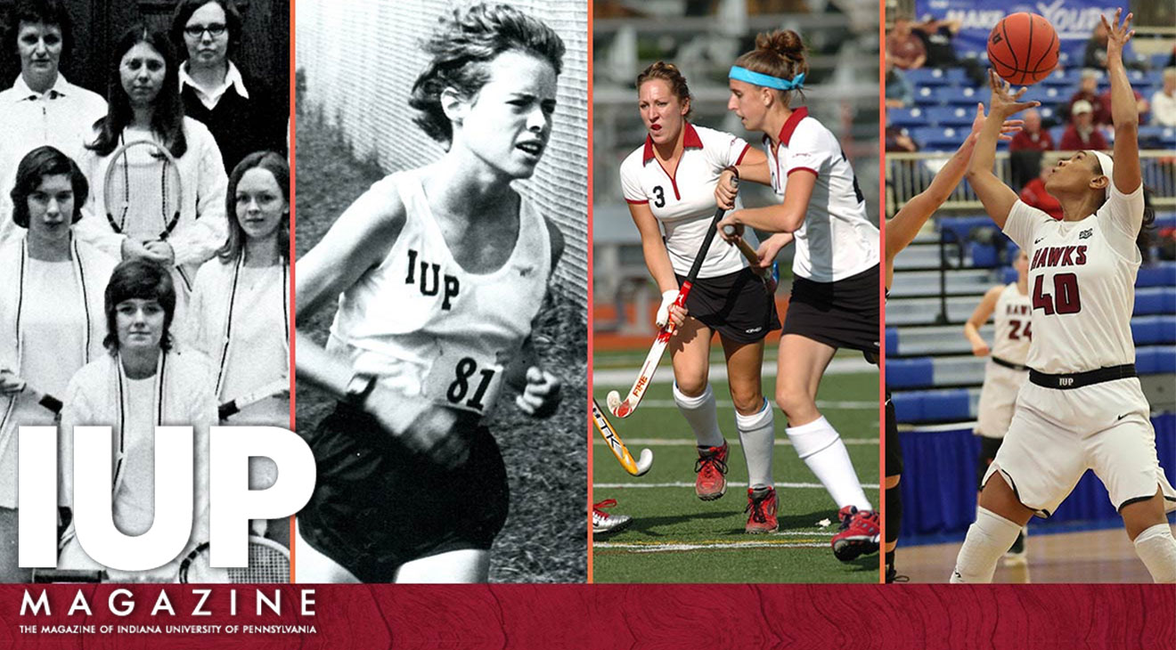 A collage of sports images.  On the left is a black and white shot of a women's tennis team from the early 70s.  Next is a black and white photo of a young woman running track.  Next is a color image of two women playing field hockey.  Lastly is a color photo of a young woman playing basketball.