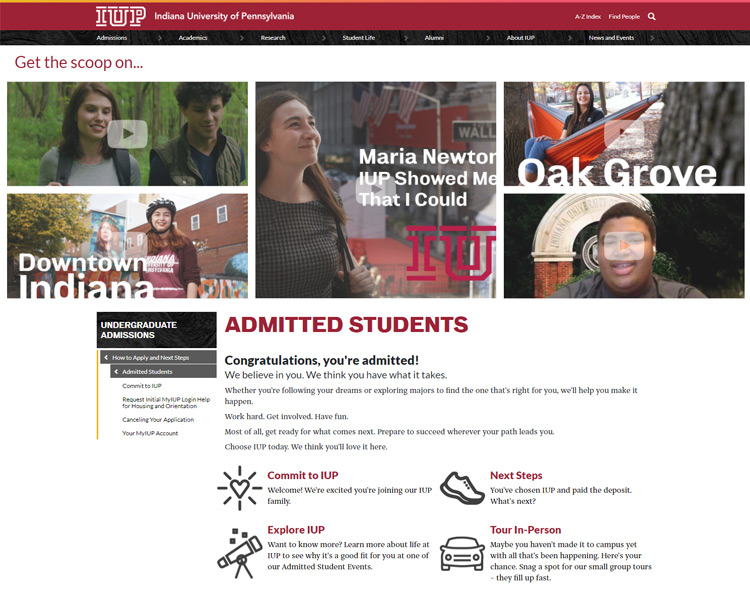 Admitted Students web page screenshot
