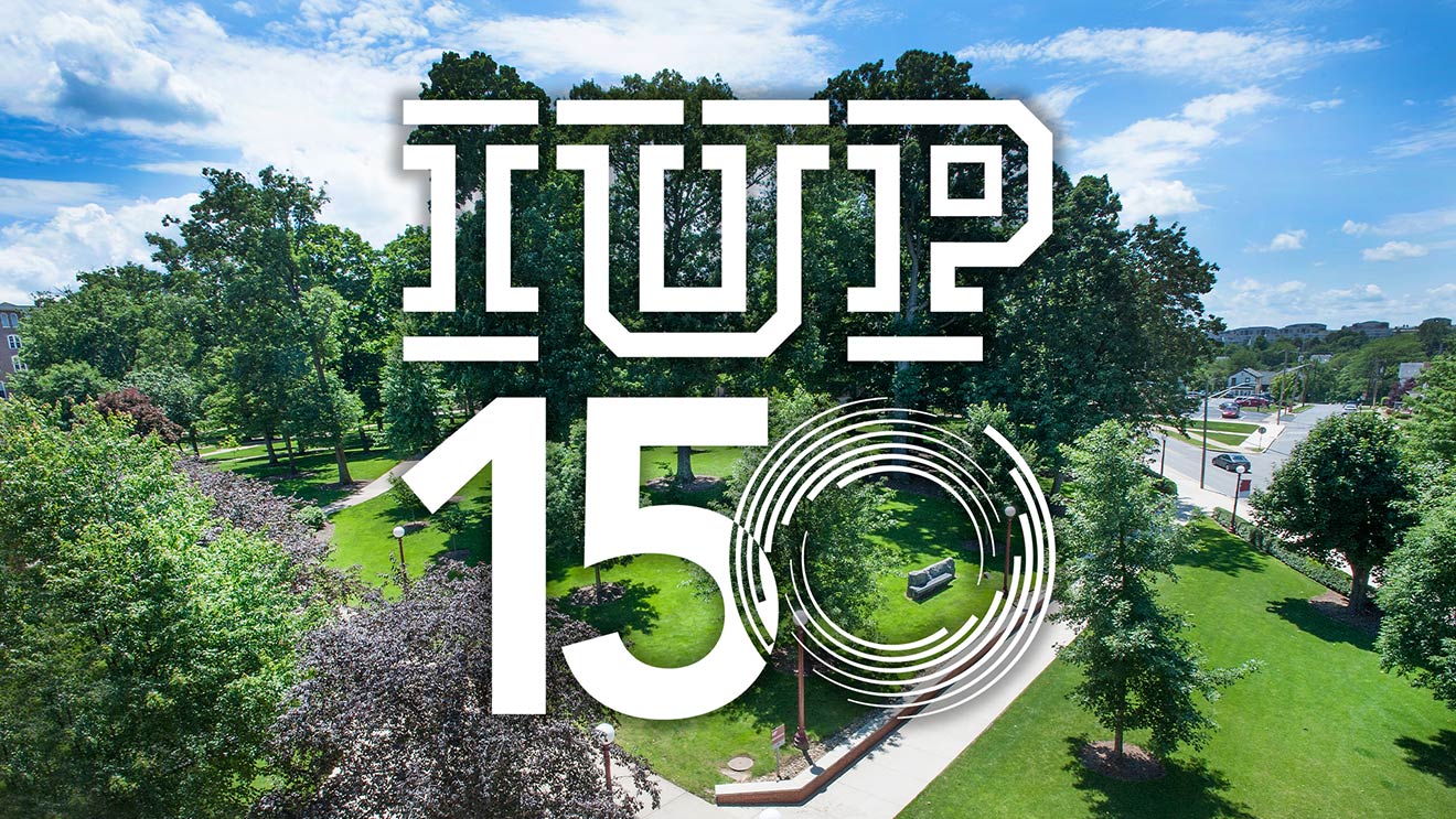 The Oak Grove with the IUP 150 logo superimposed with white text