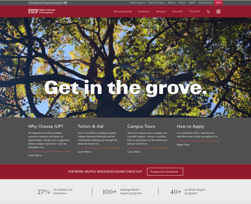 screenshot of the new iup.edu homepage