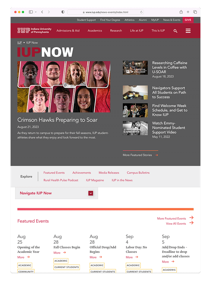 The IUP Now home page