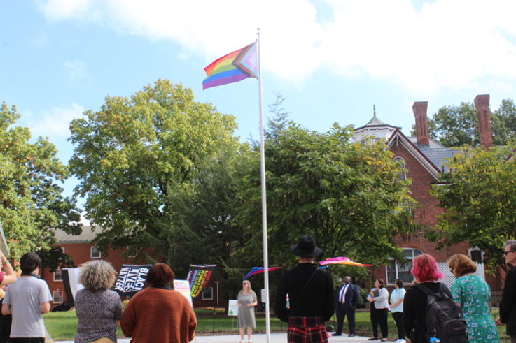 Students, faculty, and staff attend the Flag Ceremony outside of Elkin Hall