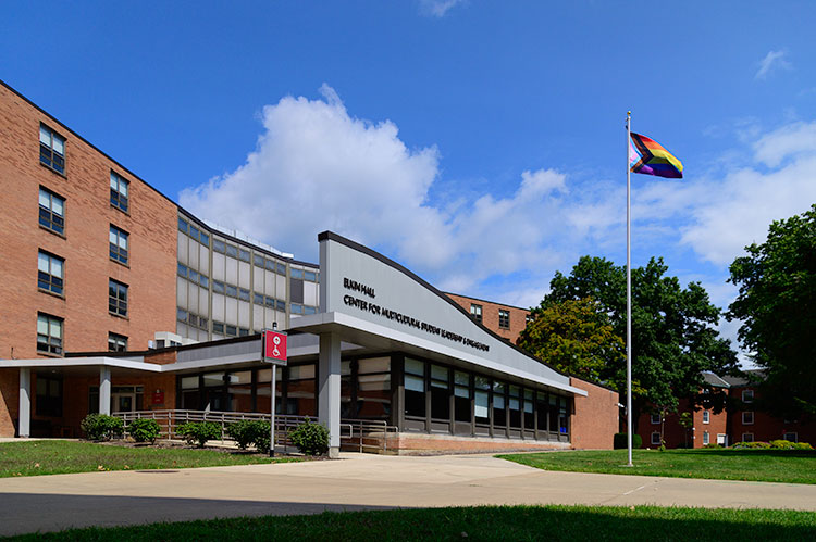The inclusive rainbow flag on the lawn just south of Elkin Hall’s Great Room, in front of the Center for Multicultural Student Leadership and Engagement.