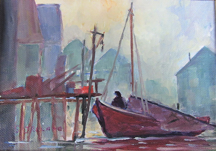 Image of painting depicting boat at dock.