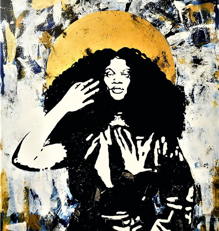 Image of a black, white, and yellow painting by Ashley Jones titled See Me #1