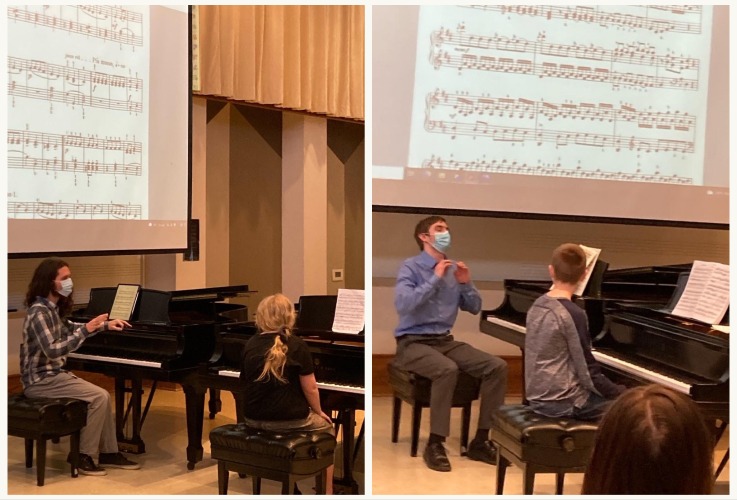 Students and teachers siting at pianos at the 2022 Piano Pedagogy Day