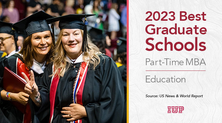 Two people in graduation cap and gown smiling at the camera.  One is holding up a peace sign while the other holds a diploma.  On the right are the words 2023 Graduate Schools Part-Time MBA Education Source: US News & World Report