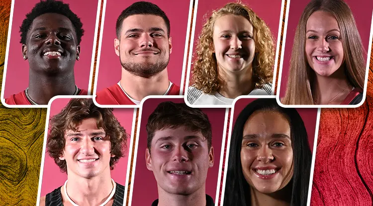 Collage of student athlete headshots overtop a yellow and orange gradient tree ring pattern