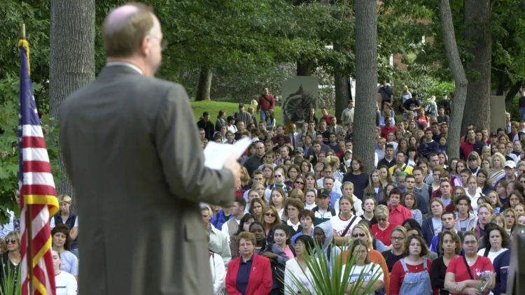 Then IUP President Dr. Pettit addressing the crowd during the memorial ceremony in the Oak Grove