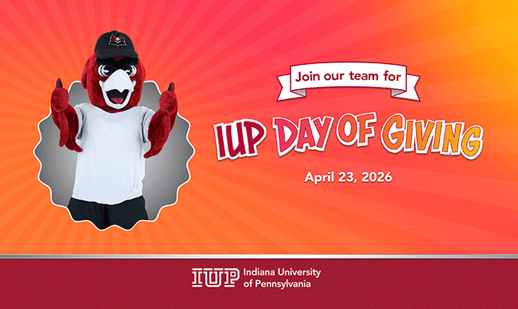 Norm says "Join our team for IUP Day of Giving, April 23, 2026." 