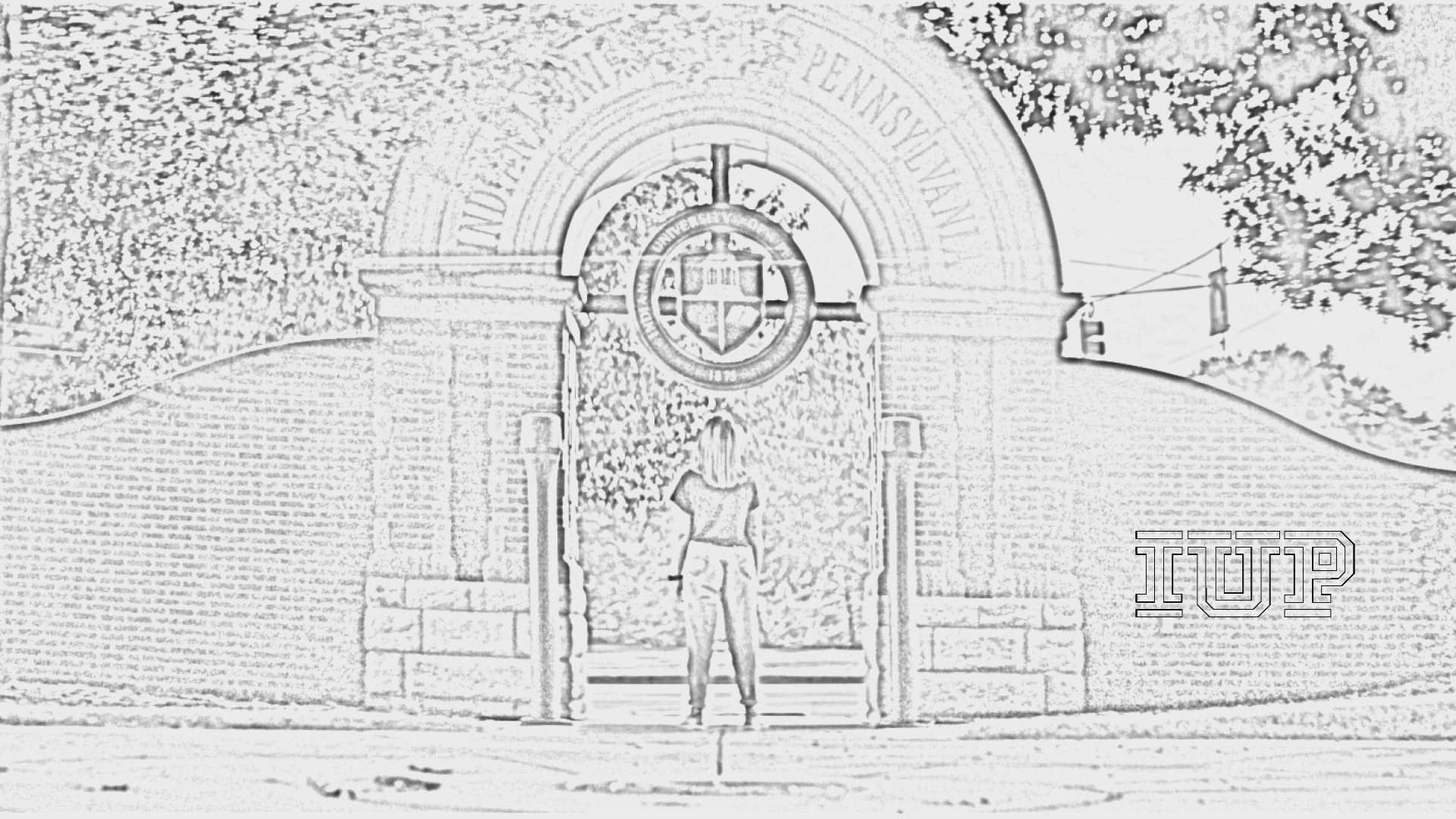 coloring page of a female student standing under the IUP archway at the entrance of the Oak Grove