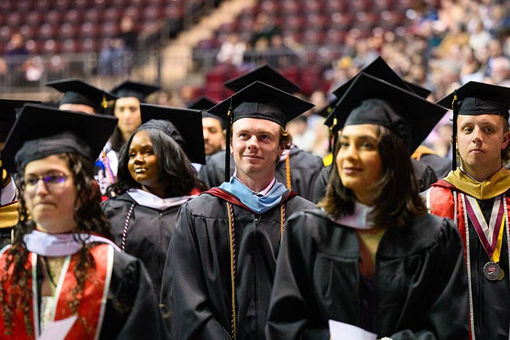 Students in commencement garb during the IUP Commencement ceremony