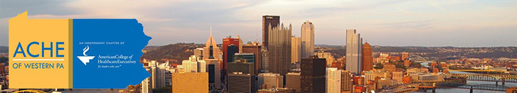 Late afternoon skyline of Pittsburgh with the American College of Healthcare Executives logo superimposed on an outline of Pennsylvania