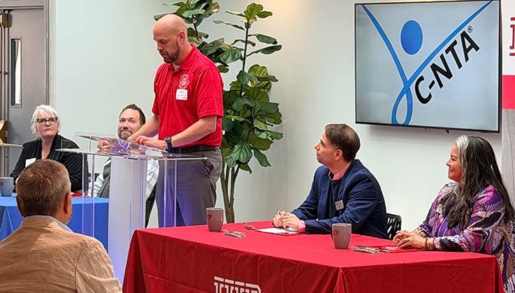 CNTA Clinical Director Angie Richard, CNTA CEO Jesper Nielson, Cambria County Commissioner Scott Hunt (at podium), IUP COM Associate Founding Dean for Clinical Affairs and Graduate Medical Education Ryan Smith, IUP COM Founding Dean Miko Rose