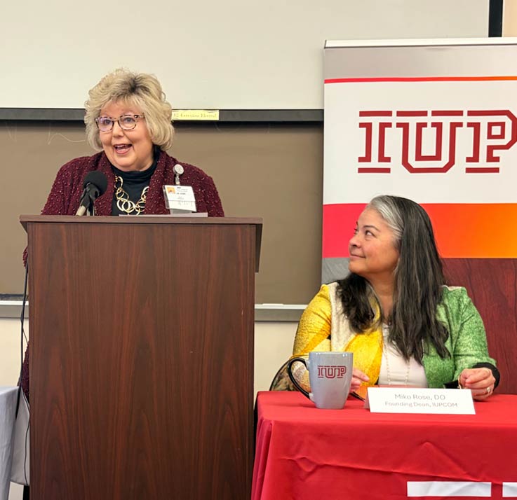 President and Designated Institutional Official Western Reserve Health Education and Associate Professor of Clinical Internal Medicine Northeast Ohio Medical University Kim Howe at podium, and IUP proposed college of osteopathic medicine Founding Dean Miko Rose