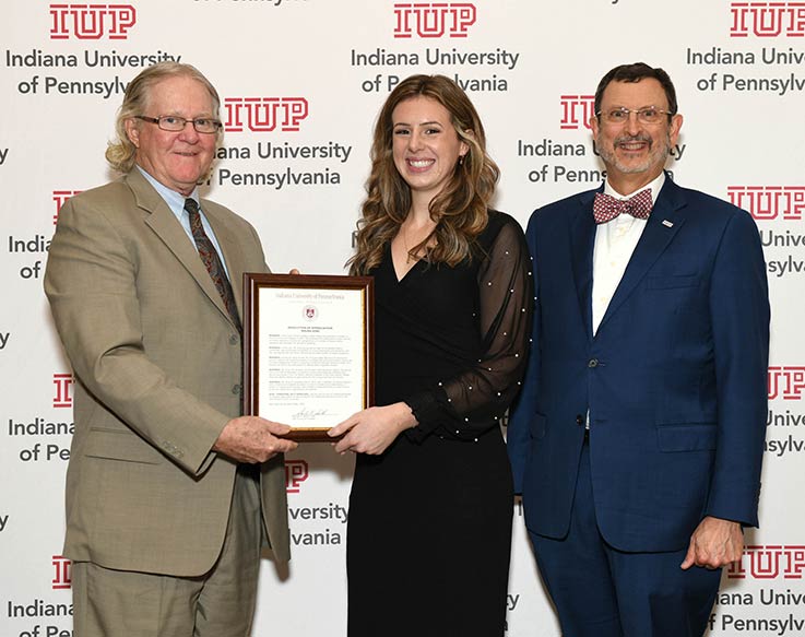 Sam Smith, chairman IUP Council of Trustees, Maura King, and Michael Driscoll, president